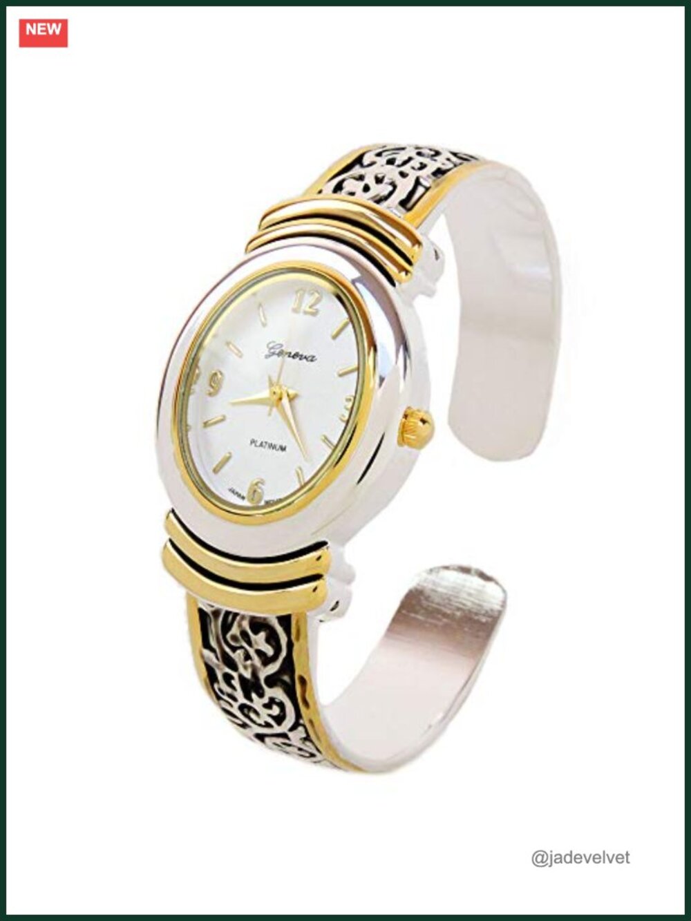 STC Womens Bangle Cuff Watch 2 Tone Oval Western Style Decorated Band